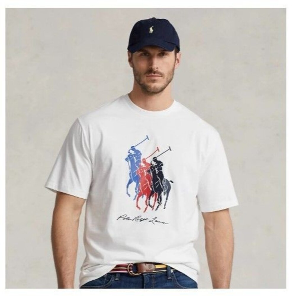 Polo Ralph Lauren Triple Pony T Shirt White Graphic Tee Classic Fit Mens Size M